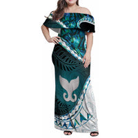 Aotearoa New Zealand Family Matching Off Shoulder Maxi Dress and Hawaiian Shirt Maori Wera Paua Shell Teal Glitter LT05 Mom's Dress Teal - Polynesian Pride