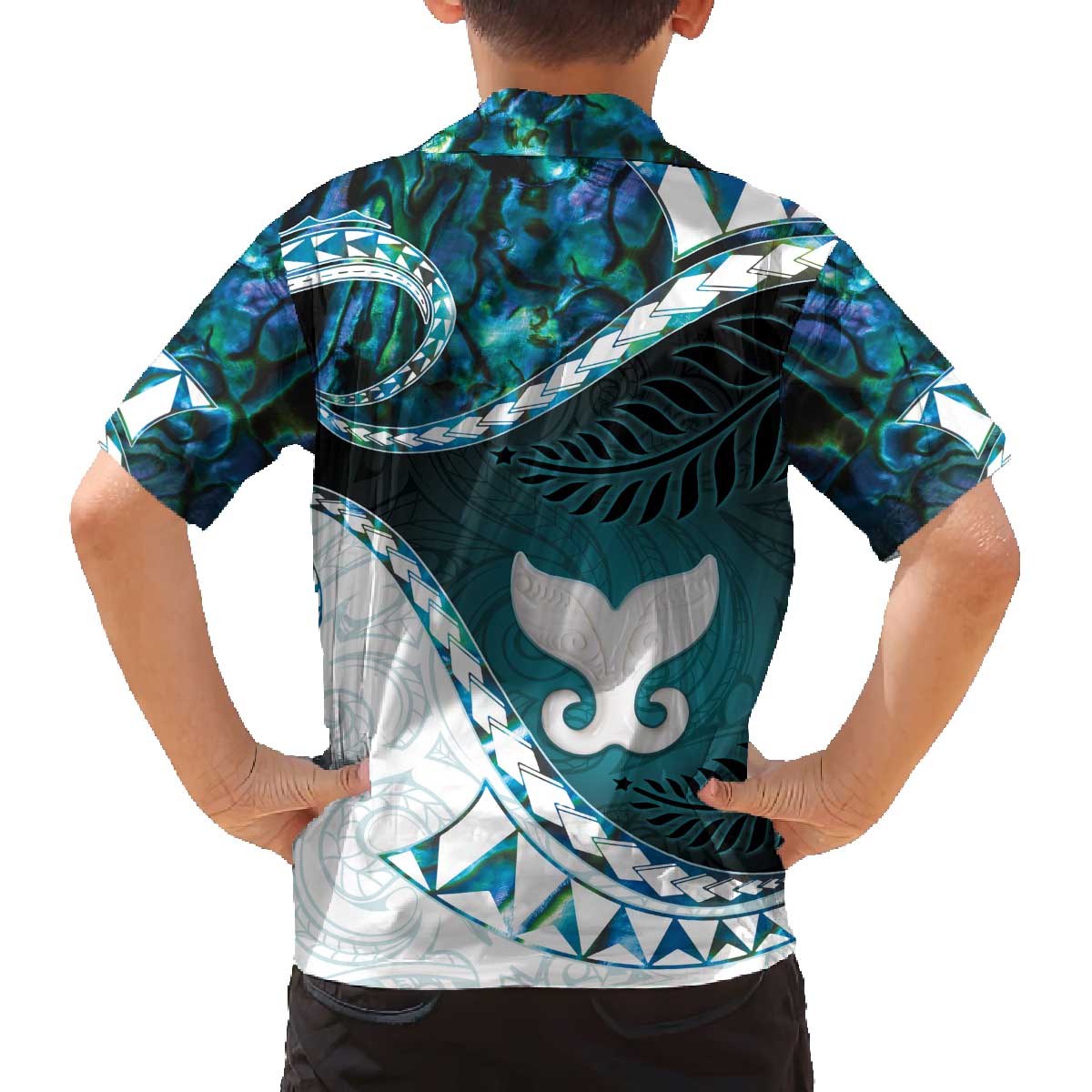 Aotearoa New Zealand Family Matching Off Shoulder Short Dress and Hawaiian Shirt Maori Wera Paua Shell Teal Glitter LT05 - Polynesian Pride