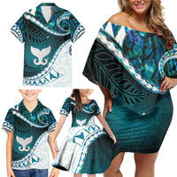 Aotearoa New Zealand Family Matching Off Shoulder Short Dress and Hawaiian Shirt Maori Wera Paua Shell Teal Glitter LT05 - Polynesian Pride