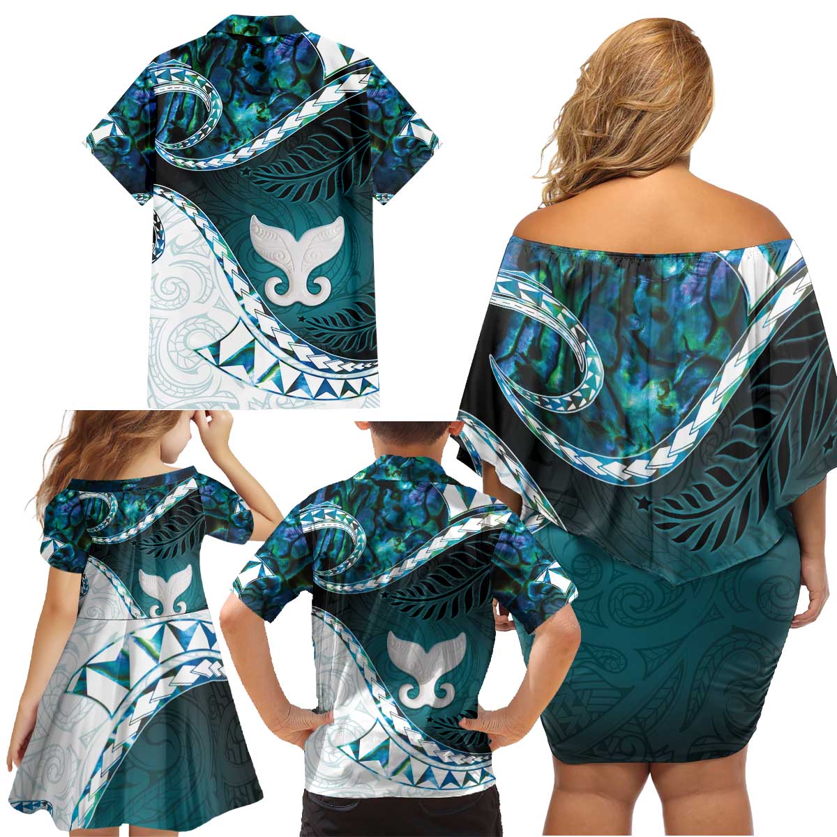 Aotearoa New Zealand Family Matching Off Shoulder Short Dress and Hawaiian Shirt Maori Wera Paua Shell Teal Glitter LT05 - Polynesian Pride