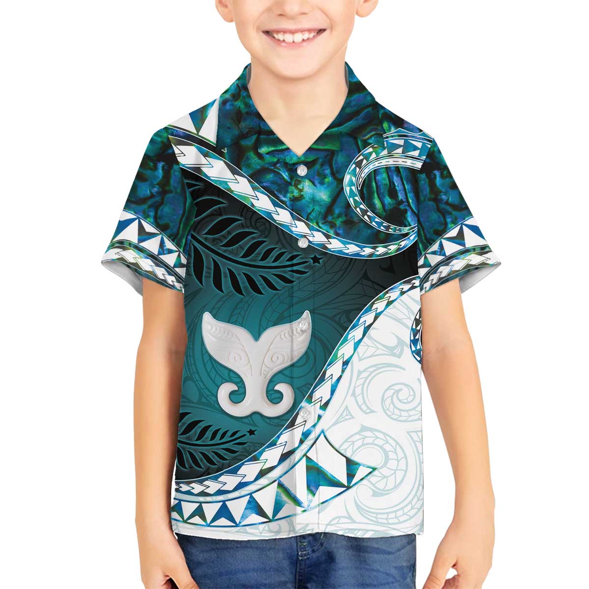 Aotearoa New Zealand Family Matching Off Shoulder Short Dress and Hawaiian Shirt Maori Wera Paua Shell Teal Glitter LT05 Son's Shirt Teal - Polynesian Pride