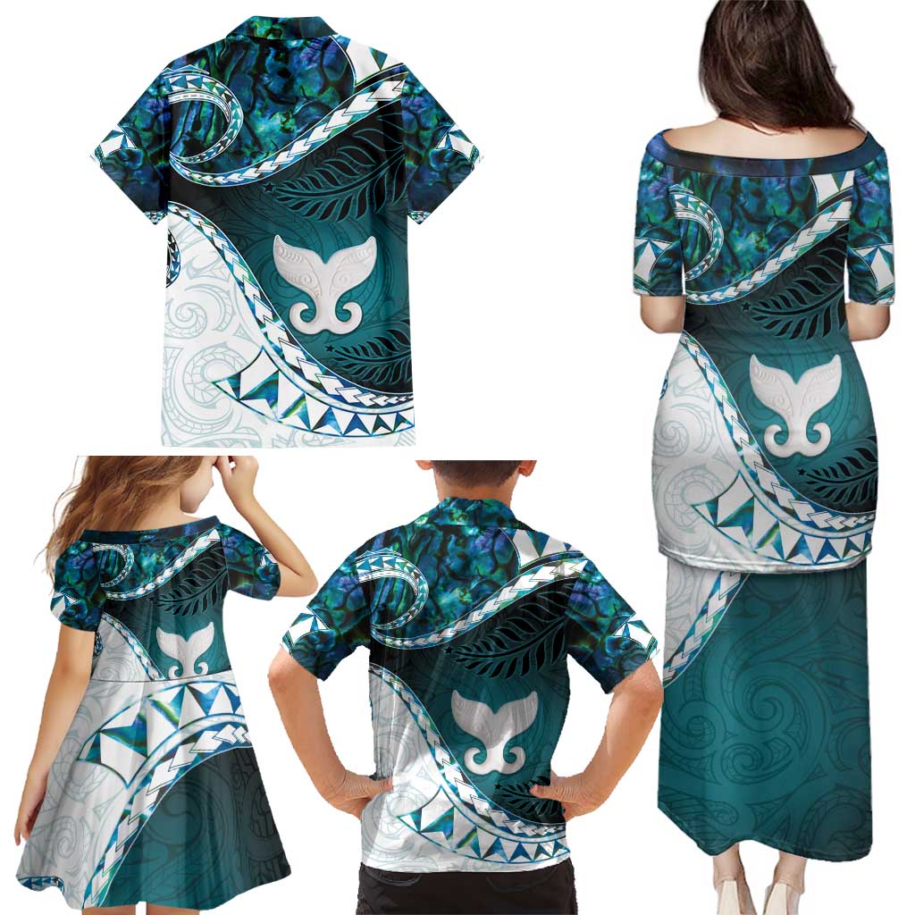 Aotearoa New Zealand Family Matching Puletasi and Hawaiian Shirt Maori Wera Paua Shell Teal Glitter LT05 - Polynesian Pride