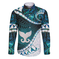 Aotearoa New Zealand Family Matching Puletasi and Hawaiian Shirt Maori Wera Paua Shell Teal Glitter LT05 Dad's Shirt - Long Sleeve Teal - Polynesian Pride