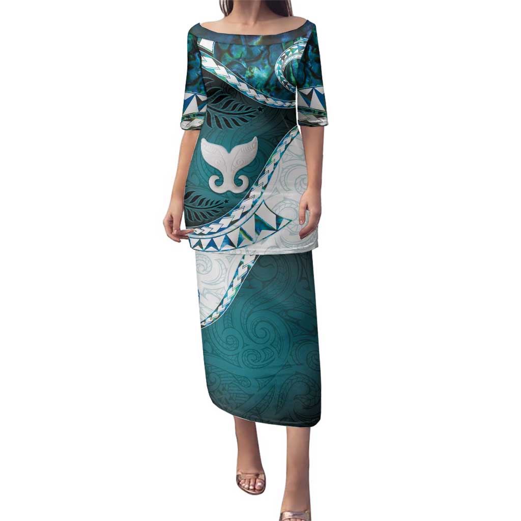 Aotearoa New Zealand Family Matching Puletasi and Hawaiian Shirt Maori Wera Paua Shell Teal Glitter LT05 Mom's Dress Teal - Polynesian Pride