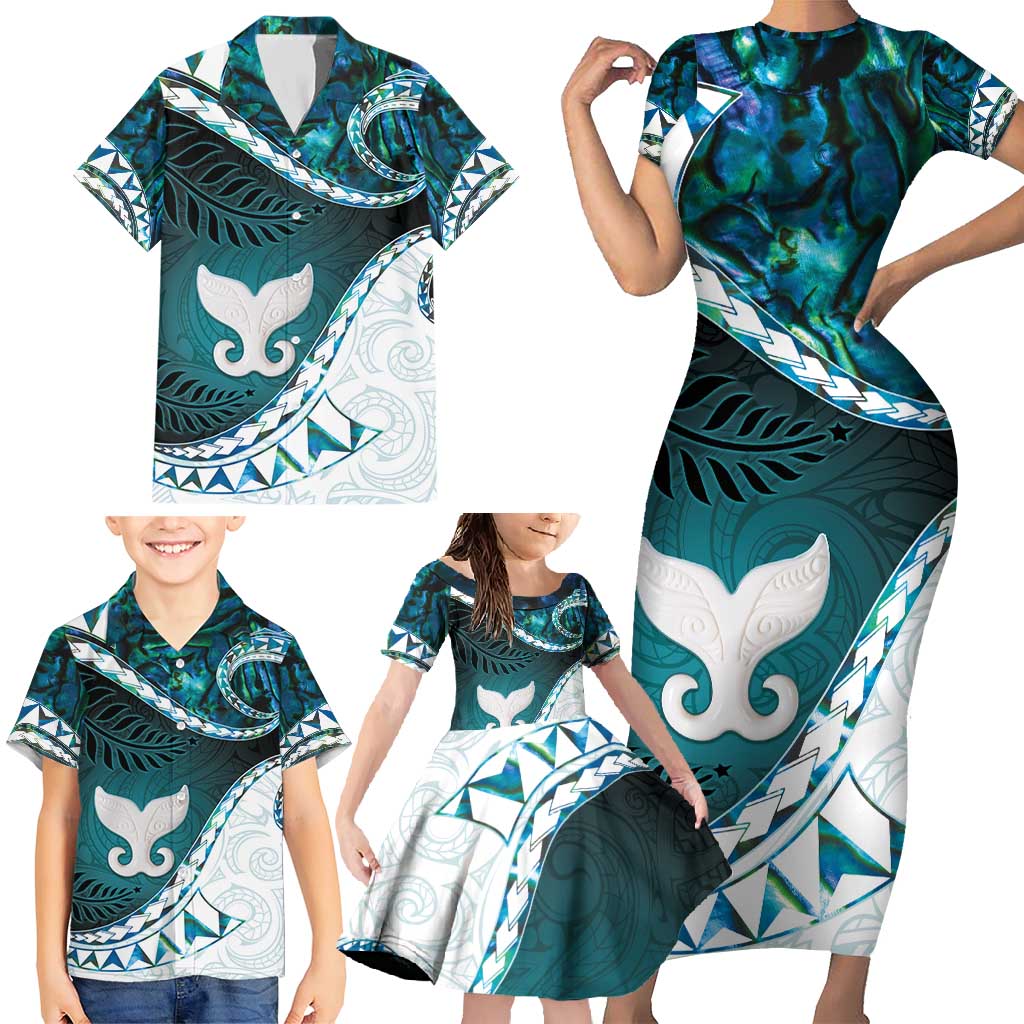 Aotearoa New Zealand Family Matching Short Sleeve Bodycon Dress and Hawaiian Shirt Maori Wera Paua Shell Teal Glitter LT05 - Polynesian Pride