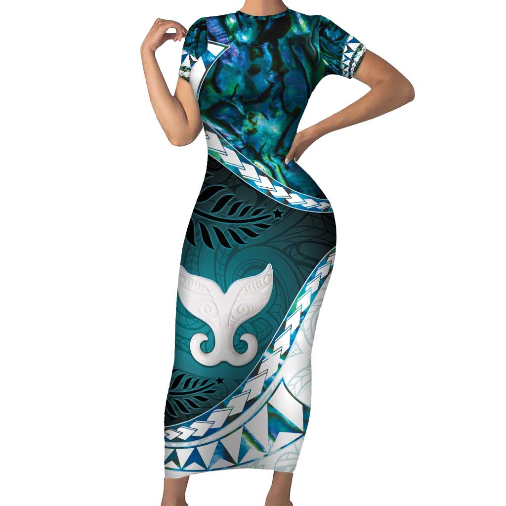 Aotearoa New Zealand Family Matching Short Sleeve Bodycon Dress and Hawaiian Shirt Maori Wera Paua Shell Teal Glitter LT05 Mom's Dress Teal - Polynesian Pride