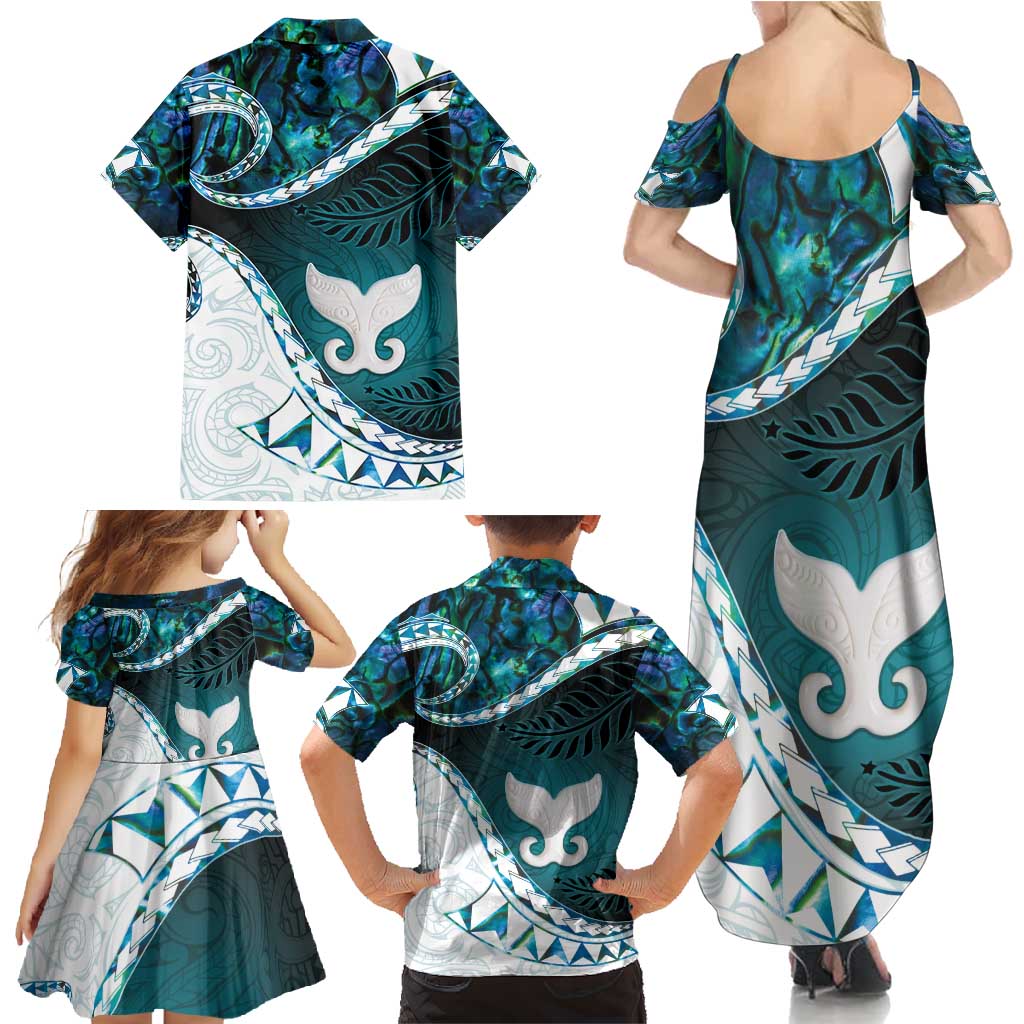 Aotearoa New Zealand Family Matching Summer Maxi Dress and Hawaiian Shirt Maori Wera Paua Shell Teal Glitter LT05 - Polynesian Pride