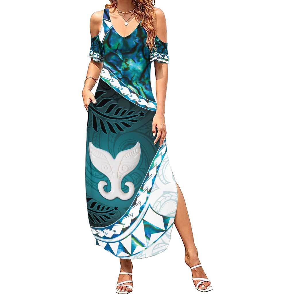 Aotearoa New Zealand Family Matching Summer Maxi Dress and Hawaiian Shirt Maori Wera Paua Shell Teal Glitter LT05 Mom's Dress Teal - Polynesian Pride