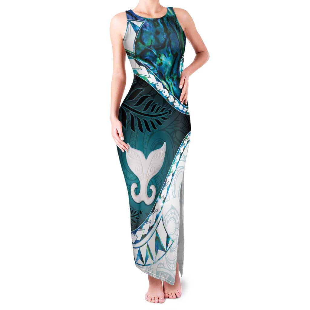 Aotearoa New Zealand Family Matching Tank Maxi Dress and Hawaiian Shirt Maori Wera Paua Shell Teal Glitter LT05 Mom's Dress Teal - Polynesian Pride