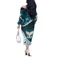 Aotearoa New Zealand Off The Shoulder Long Sleeve Dress Maori Wera Paua Shell Teal Glitter
