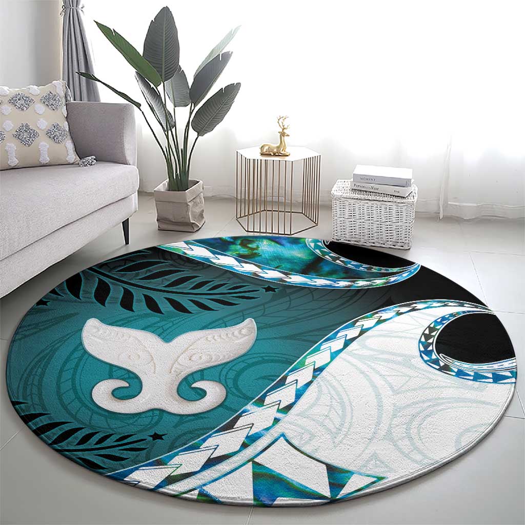 Aotearoa New Zealand Round Carpet Maori Wera Paua Shell Teal Glitter