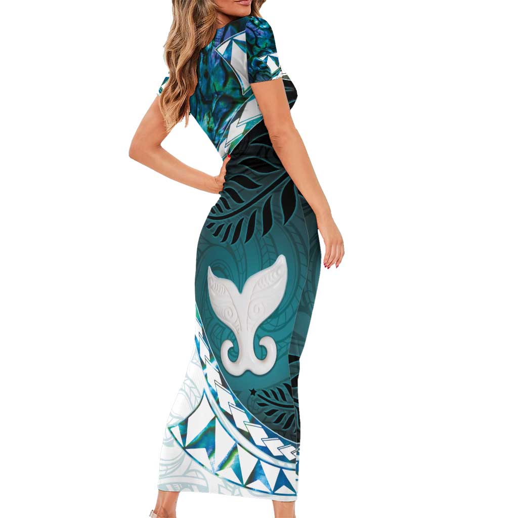 Aotearoa New Zealand Short Sleeve Bodycon Dress Maori Wera Paua Shell Teal Glitter