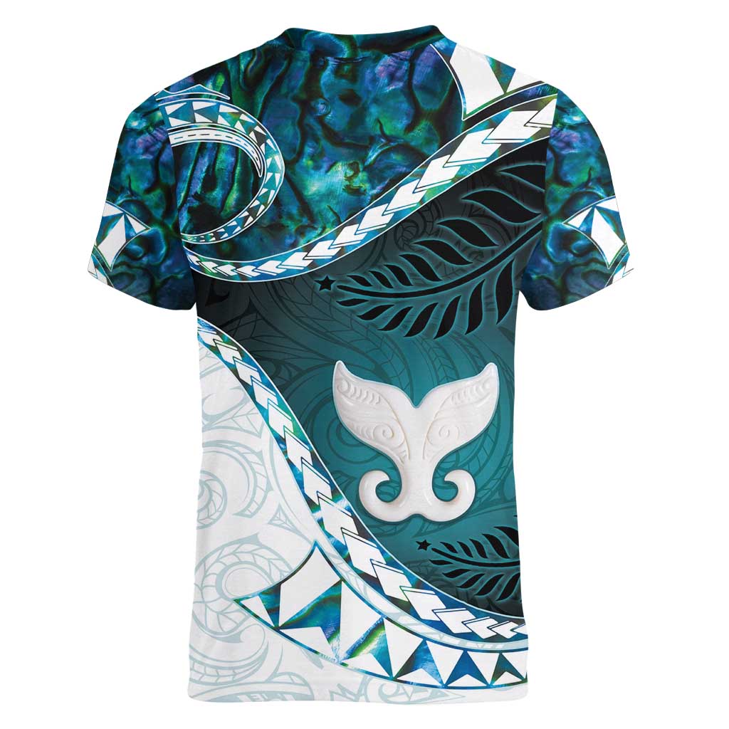 Aotearoa New Zealand Women V-Neck T-Shirt Maori Wera Paua Shell Teal Glitter