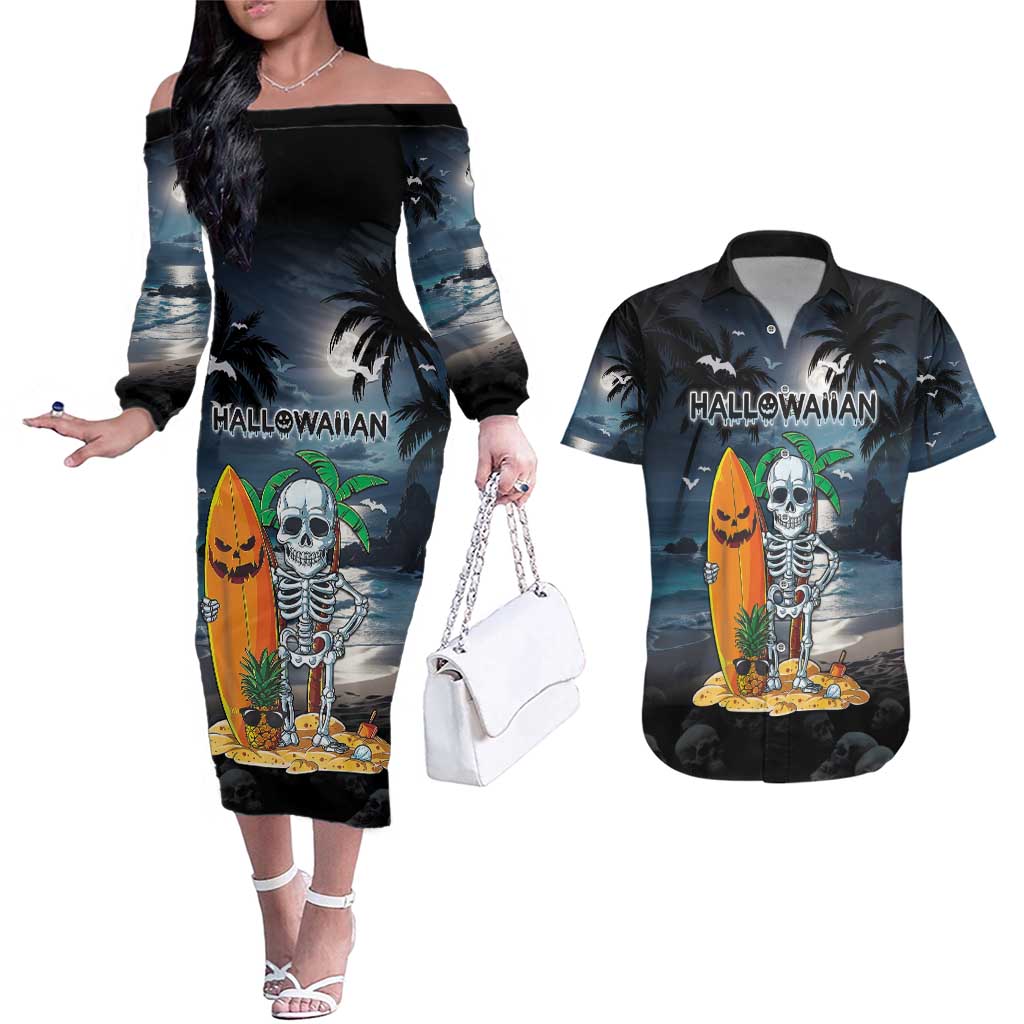 Personalised Hawaii Halloween Couples Matching Off The Shoulder Long Sleeve Dress and Hawaiian Shirt Hallowaiian Skeleton Surf LT05 Black - Polynesian Pride