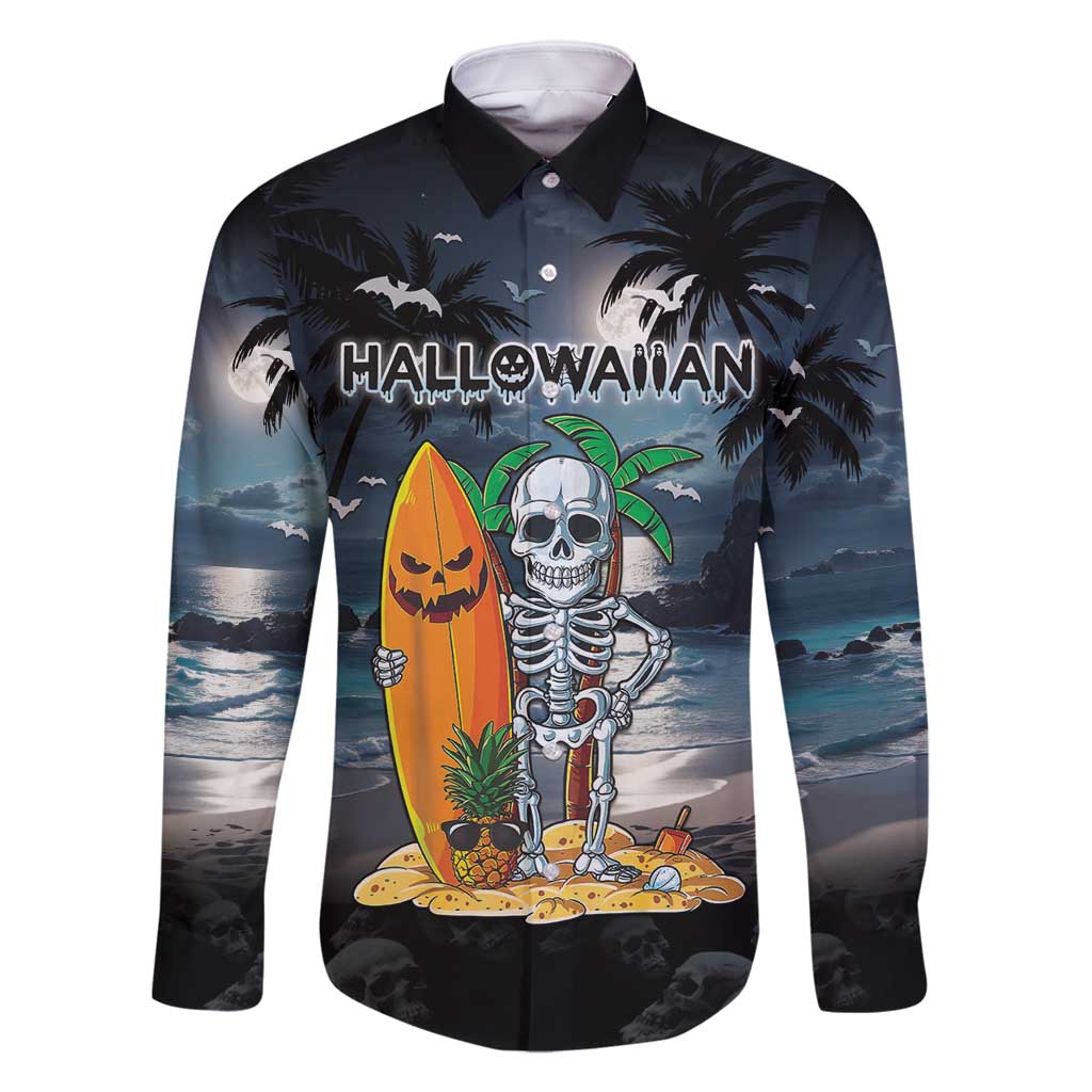 Personalised Hawaii Halloween Family Matching Long Sleeve Bodycon Dress and Hawaiian Shirt Hallowaiian Skeleton Surf LT05 Dad's Shirt - Long Sleeve Black - Polynesian Pride
