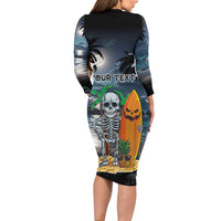 Personalised Hawaii Halloween Family Matching Long Sleeve Bodycon Dress and Hawaiian Shirt Hallowaiian Skeleton Surf LT05 - Polynesian Pride