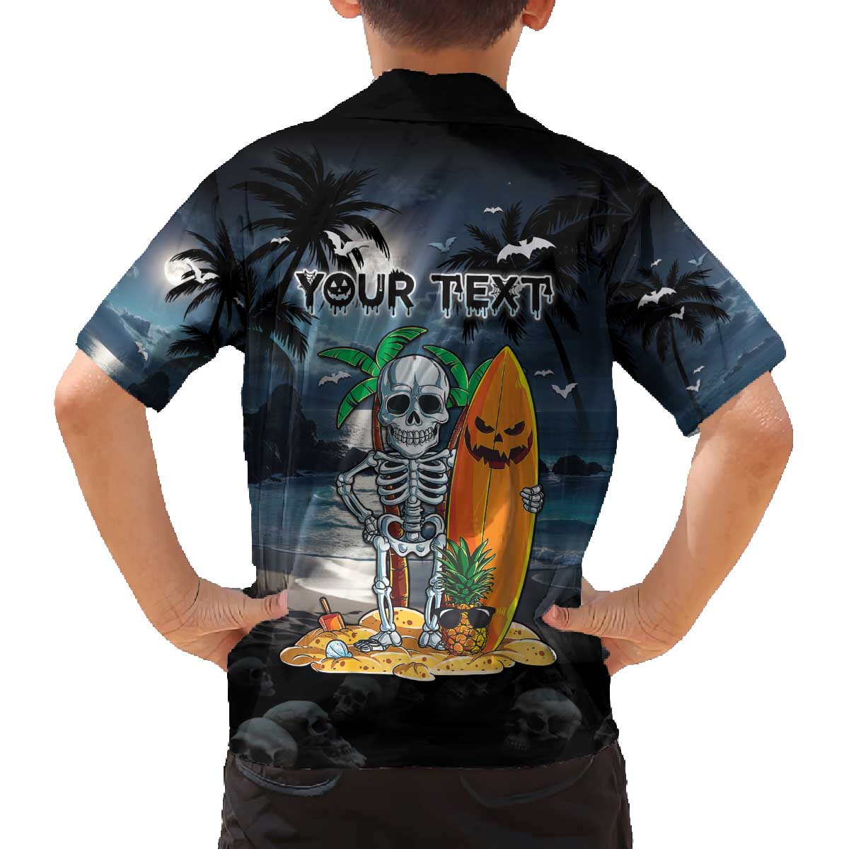 Personalised Hawaii Halloween Family Matching Off The Shoulder Long Sleeve Dress and Hawaiian Shirt Hallowaiian Skeleton Surf LT05 - Polynesian Pride