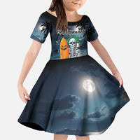 Personalised Hawaii Halloween Family Matching Off The Shoulder Long Sleeve Dress and Hawaiian Shirt Hallowaiian Skeleton Surf LT05 Daughter's Dress Black - Polynesian Pride