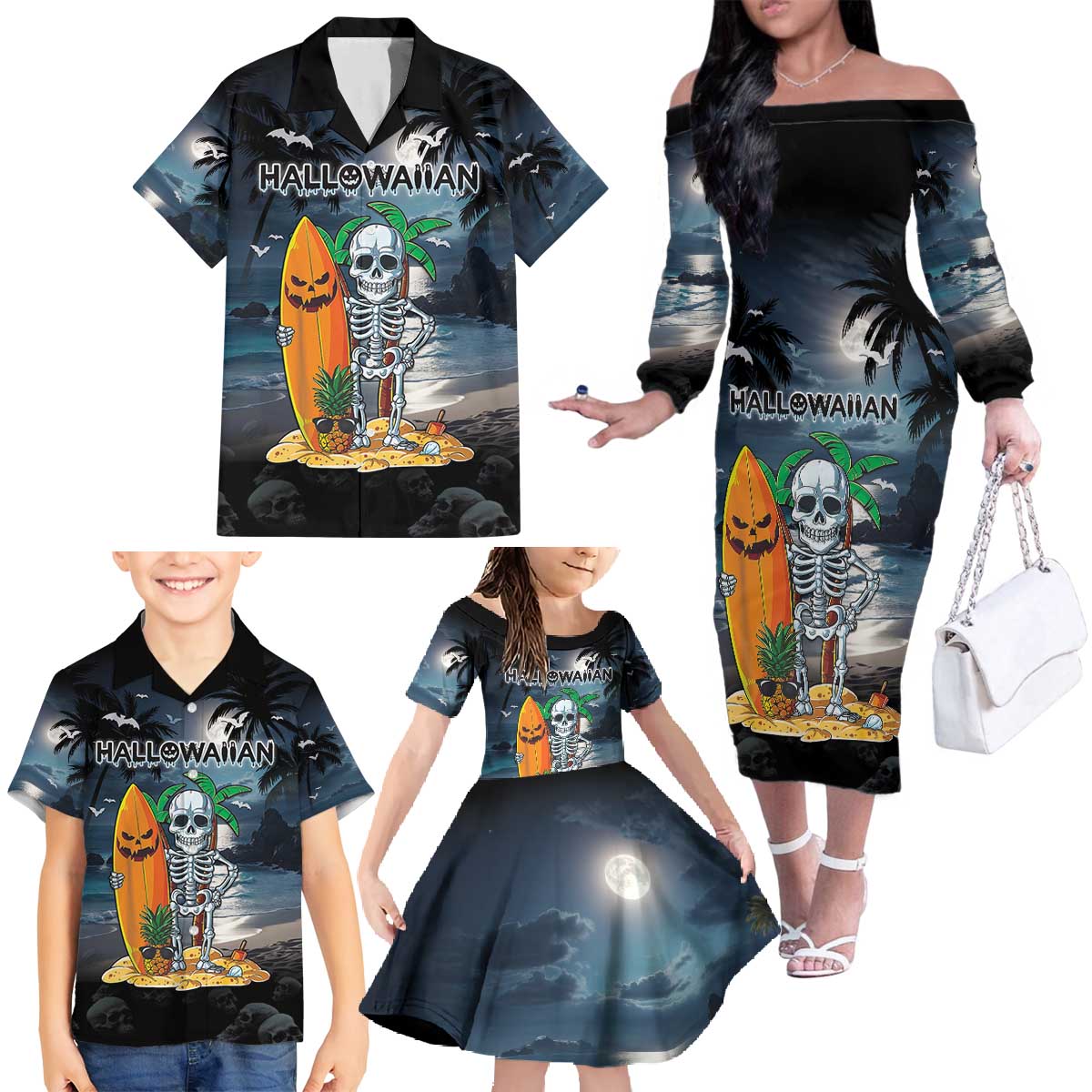Personalised Hawaii Halloween Family Matching Off The Shoulder Long Sleeve Dress and Hawaiian Shirt Hallowaiian Skeleton Surf LT05 - Polynesian Pride