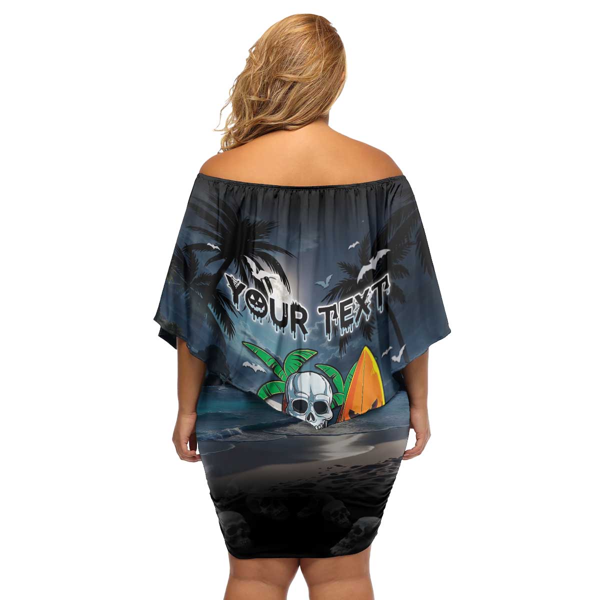 Personalised Hawaii Halloween Family Matching Off Shoulder Short Dress and Hawaiian Shirt Hallowaiian Skeleton Surf