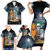 Personalised Hawaii Halloween Family Matching Short Sleeve Bodycon Dress and Hawaiian Shirt Hallowaiian Skeleton Surf LT05 - Polynesian Pride