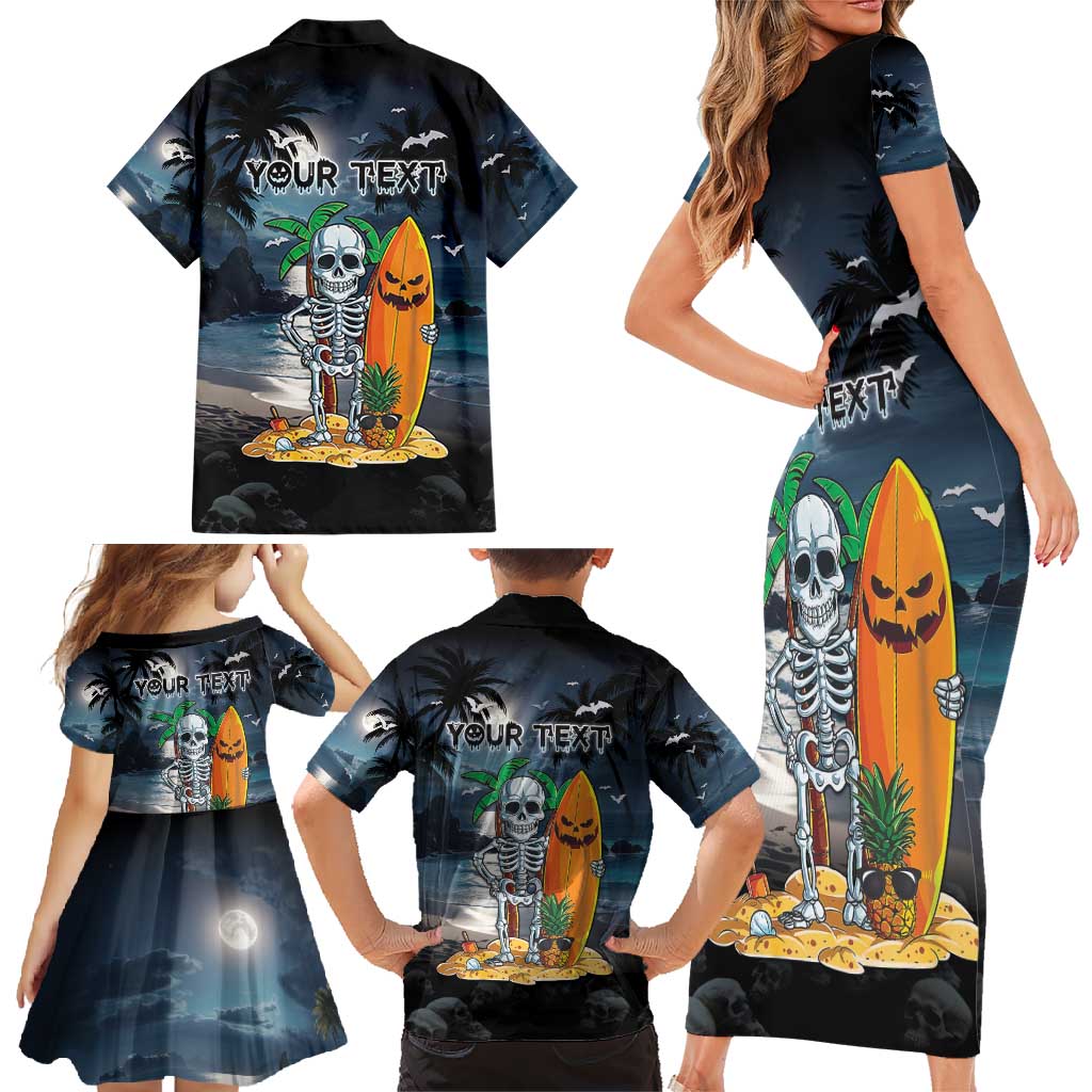 Personalised Hawaii Halloween Family Matching Short Sleeve Bodycon Dress and Hawaiian Shirt Hallowaiian Skeleton Surf LT05 - Polynesian Pride