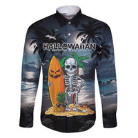 Personalised Hawaii Halloween Family Matching Short Sleeve Bodycon Dress and Hawaiian Shirt Hallowaiian Skeleton Surf LT05 Dad's Shirt - Long Sleeve Black - Polynesian Pride