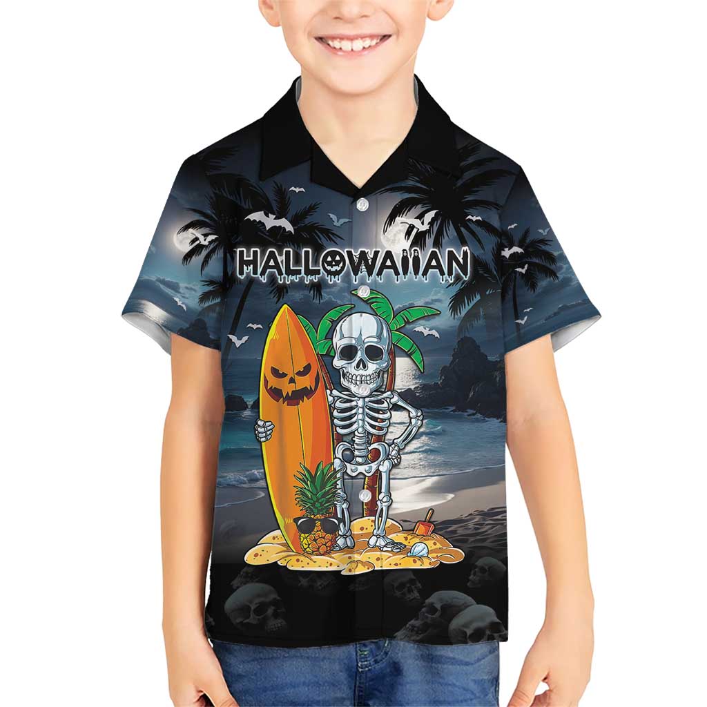 Personalised Hawaii Halloween Family Matching Short Sleeve Bodycon Dress and Hawaiian Shirt Hallowaiian Skeleton Surf LT05 Son's Shirt Black - Polynesian Pride