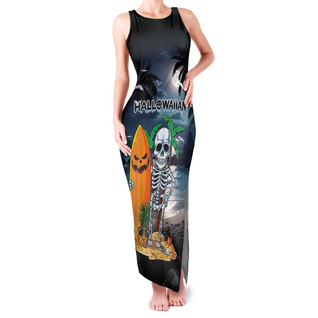 Personalised Hawaii Halloween Family Matching Tank Maxi Dress and Hawaiian Shirt Hallowaiian Skeleton Surf LT05 Mom's Dress Black - Polynesian Pride
