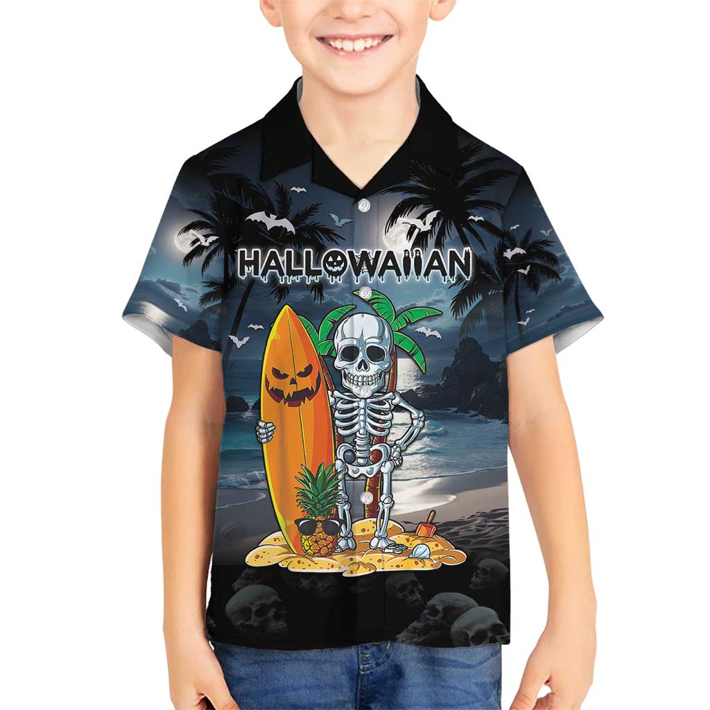 Personalised Hawaii Halloween Family Matching Tank Maxi Dress and Hawaiian Shirt Hallowaiian Skeleton Surf LT05 Son's Shirt Black - Polynesian Pride