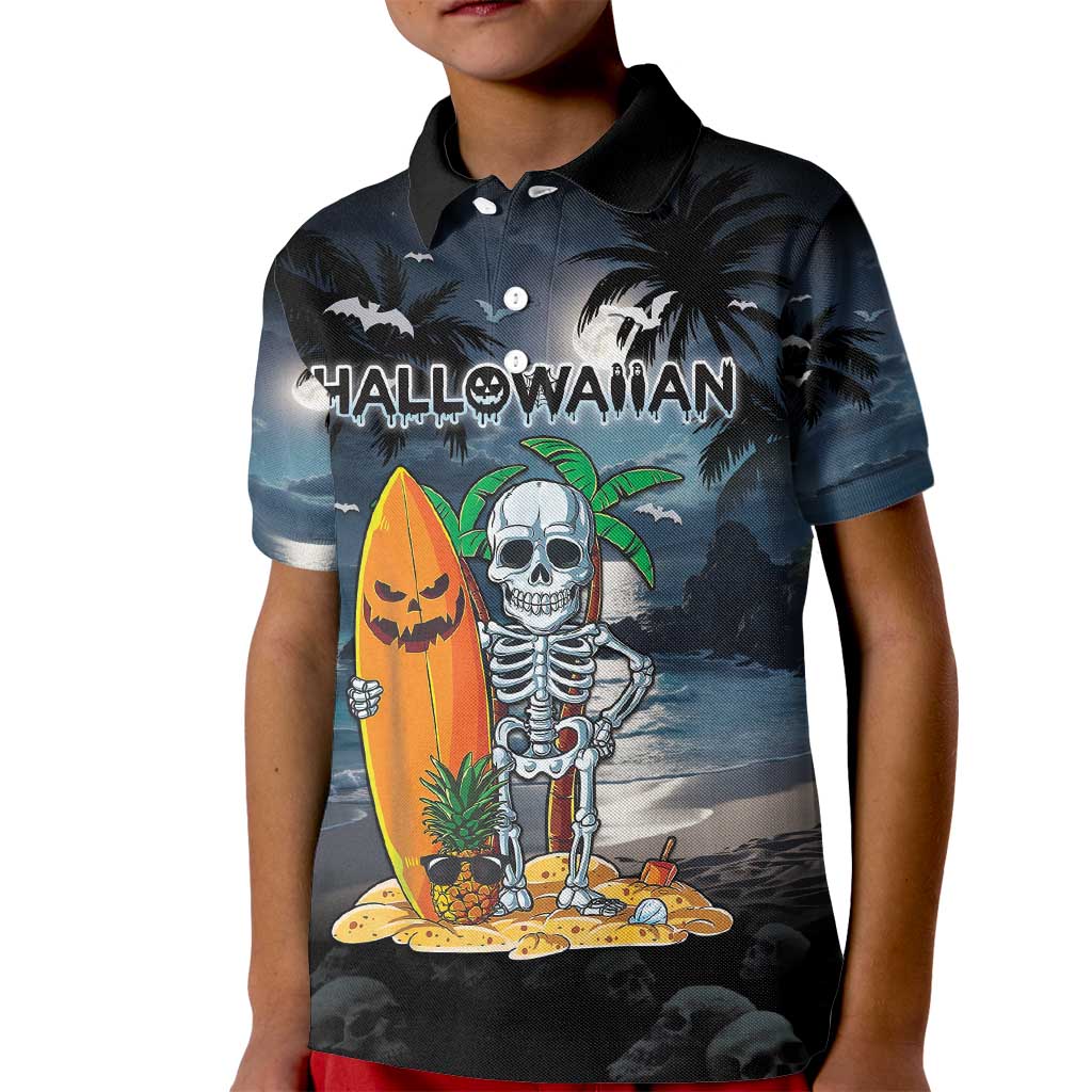Personalised Hawaii Halloween Kid Polo Shirt Hallowaiian Skeleton Surf