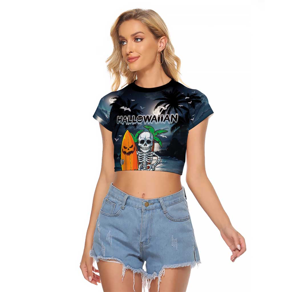 Personalised Hawaii Halloween Raglan Cropped T Shirt Hallowaiian Skeleton Surf