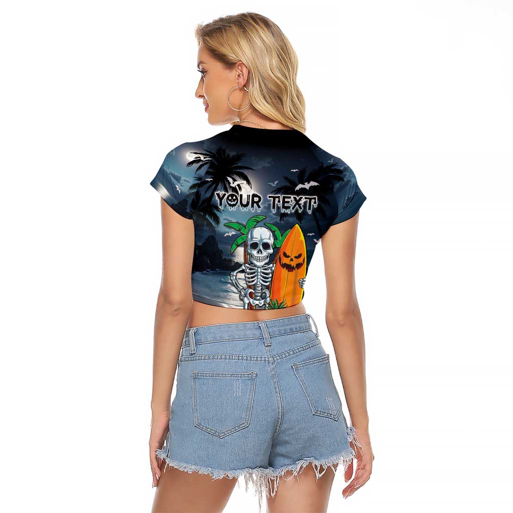 Personalised Hawaii Halloween Raglan Cropped T Shirt Hallowaiian Skeleton Surf