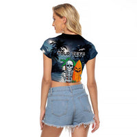Personalised Hawaii Halloween Raglan Cropped T Shirt Hallowaiian Skeleton Surf