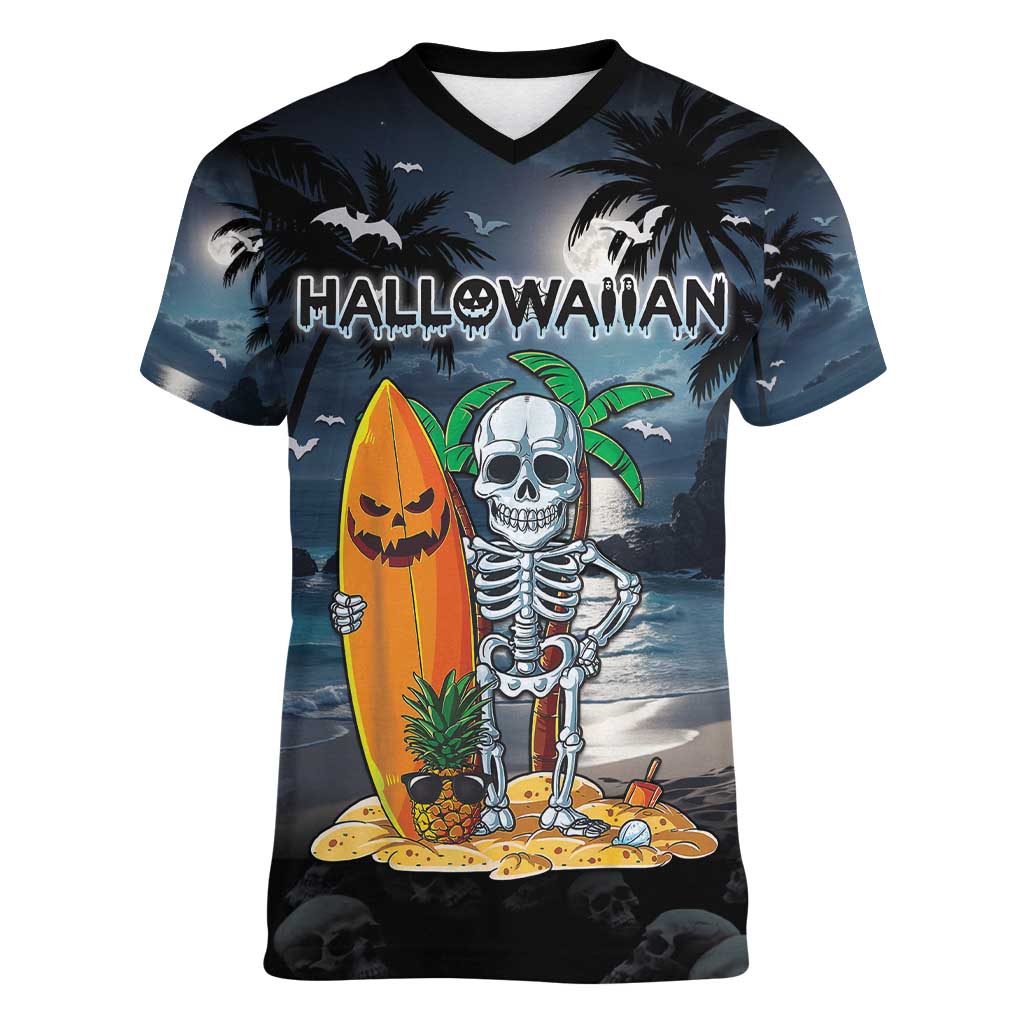 Personalised Hawaii Halloween Women V-Neck T-Shirt Hallowaiian Skeleton Surf