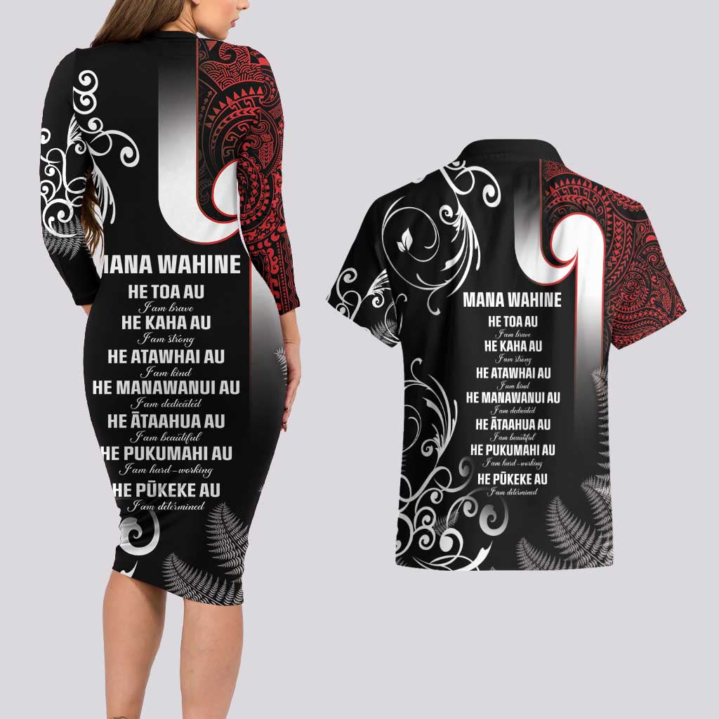 New Zealand Aotearoa Mana Wahine Couples Matching Long Sleeve Bodycon Dress and Hawaiian Shirt LT05 - Polynesian Pride