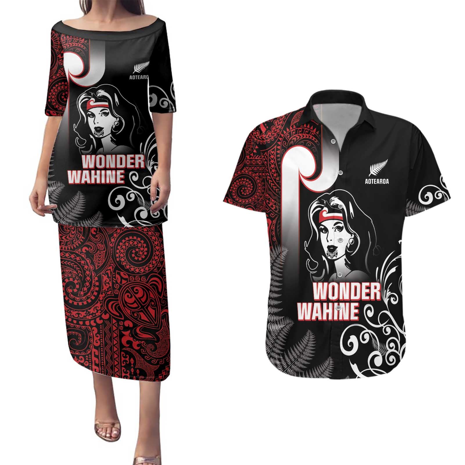New Zealand Aotearoa Mana Wahine Couples Matching Puletasi and Hawaiian Shirt