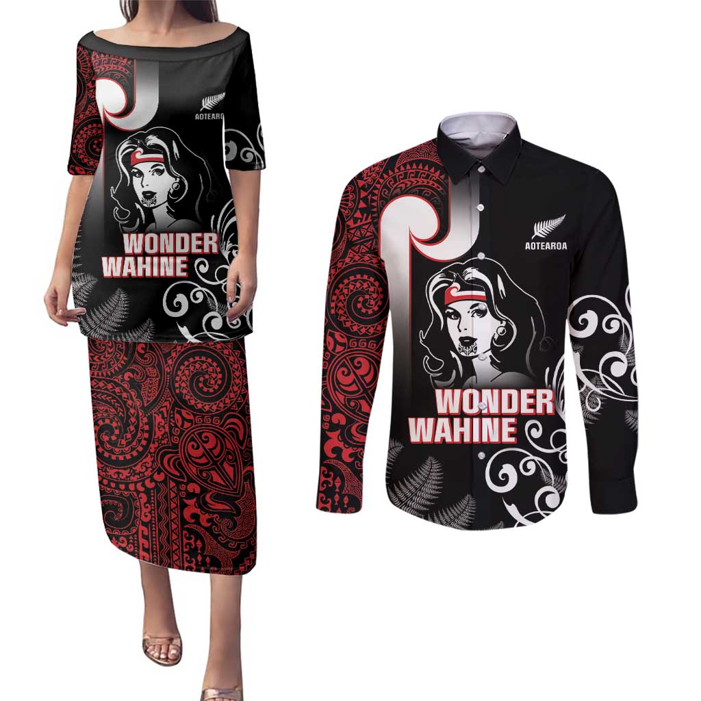 New Zealand Aotearoa Mana Wahine Couples Matching Puletasi and Long Sleeve Button Shirt