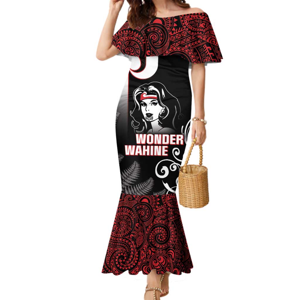 New Zealand Aotearoa Mana Wahine Family Matching Mermaid Dress and Hawaiian Shirt LT05 Mom's Dress Black - Polynesian Pride
