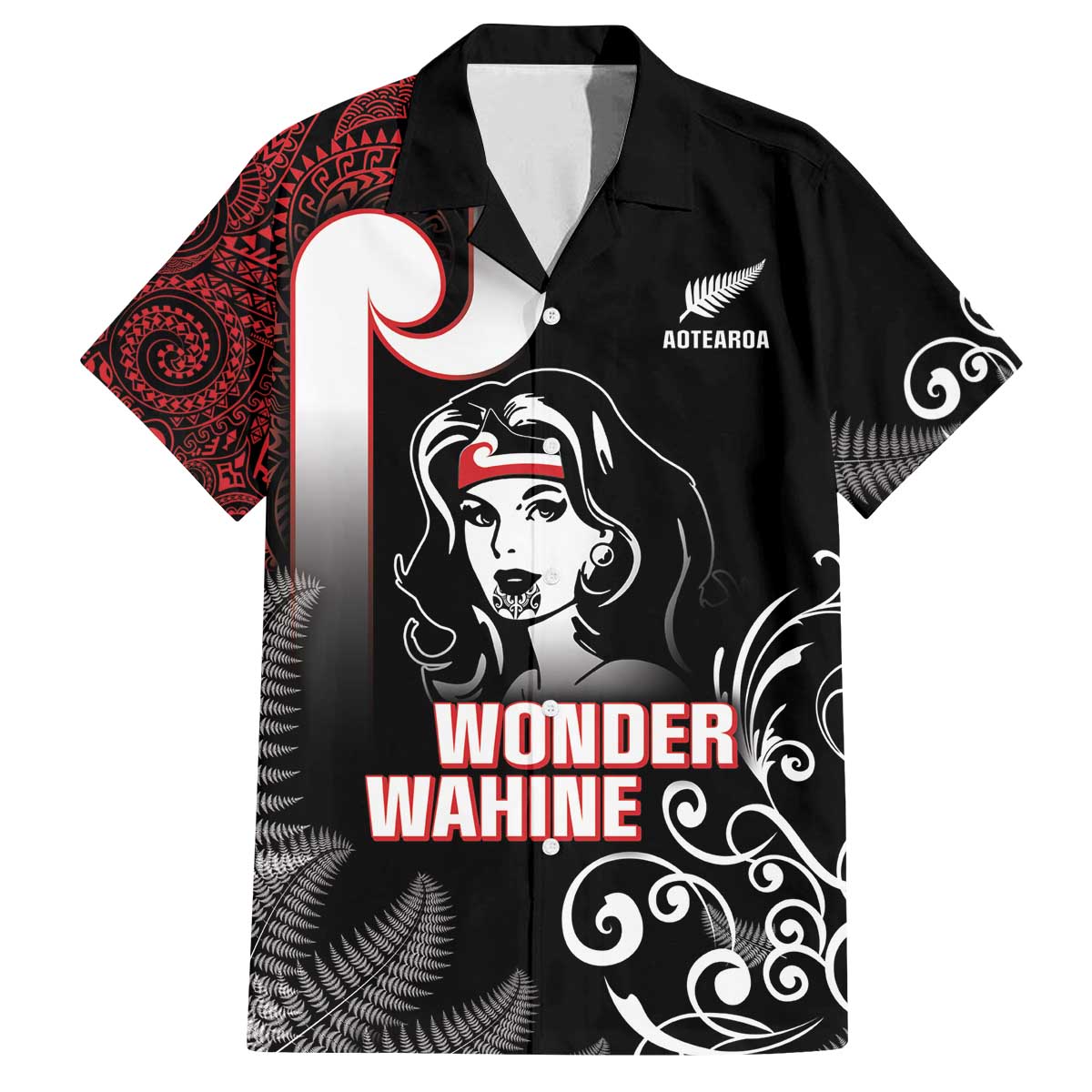 New Zealand Aotearoa Mana Wahine Family Matching Off The Shoulder Long Sleeve Dress and Hawaiian Shirt LT05 Dad's Shirt - Short Sleeve Black - Polynesian Pride