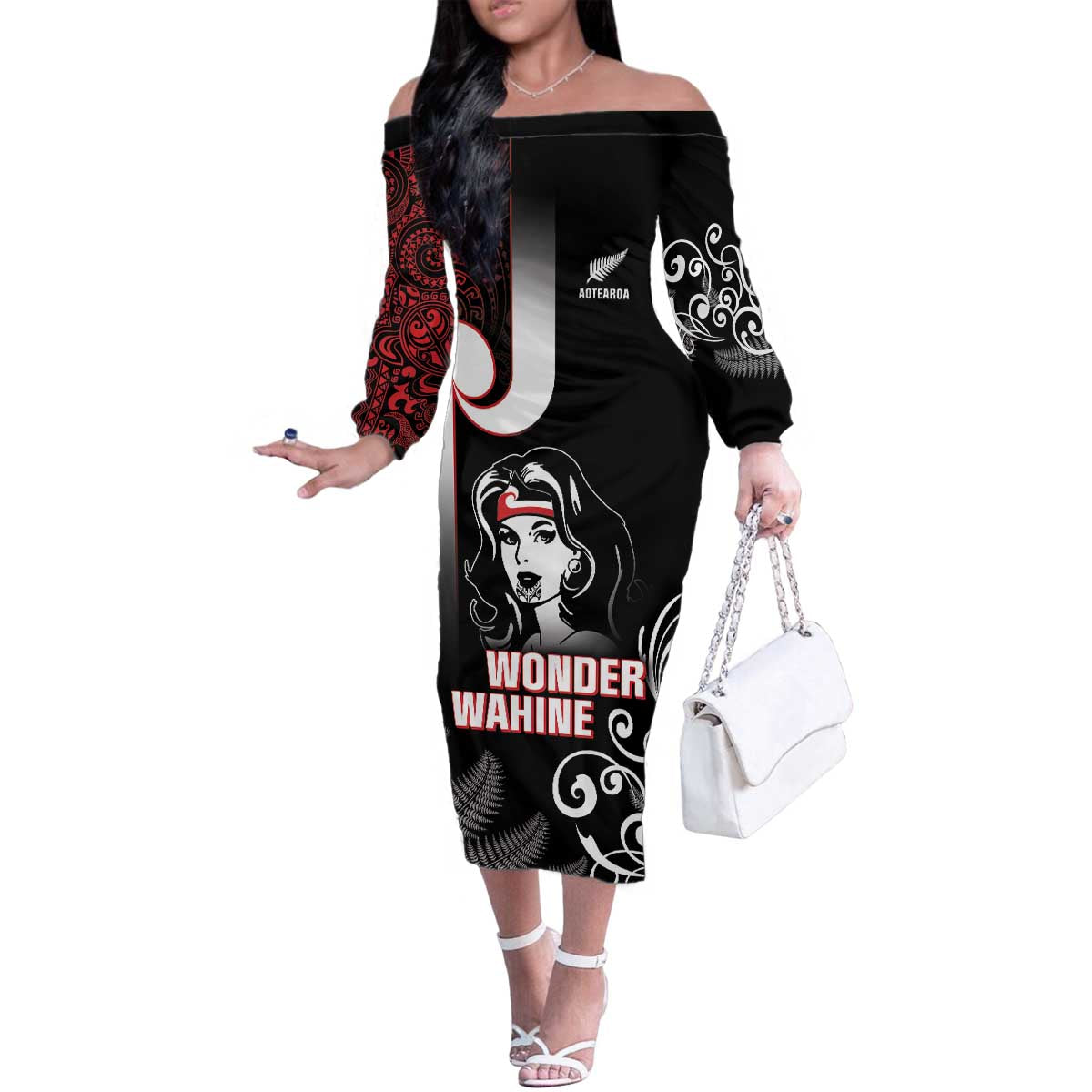 New Zealand Aotearoa Mana Wahine Family Matching Off The Shoulder Long Sleeve Dress and Hawaiian Shirt LT05 Mom's Dress Black - Polynesian Pride
