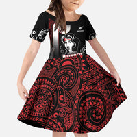 New Zealand Aotearoa Mana Wahine Family Matching Off Shoulder Maxi Dress and Hawaiian Shirt LT05 Daughter's Dress Black - Polynesian Pride