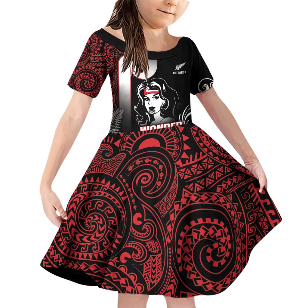 New Zealand Aotearoa Mana Wahine Family Matching Off Shoulder Short Dress and Hawaiian Shirt LT05 Daughter's Dress Black - Polynesian Pride