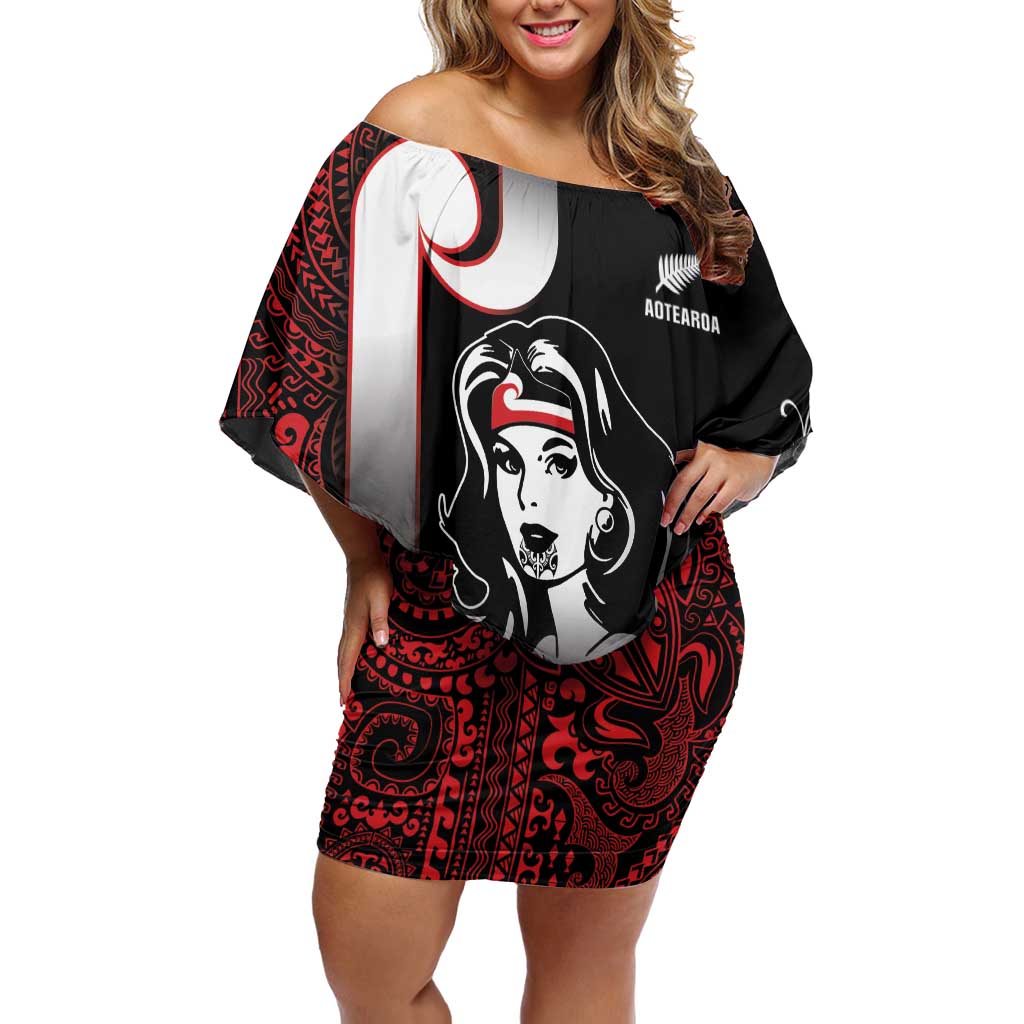 New Zealand Aotearoa Mana Wahine Family Matching Off Shoulder Short Dress and Hawaiian Shirt LT05 Mom's Dress Black - Polynesian Pride