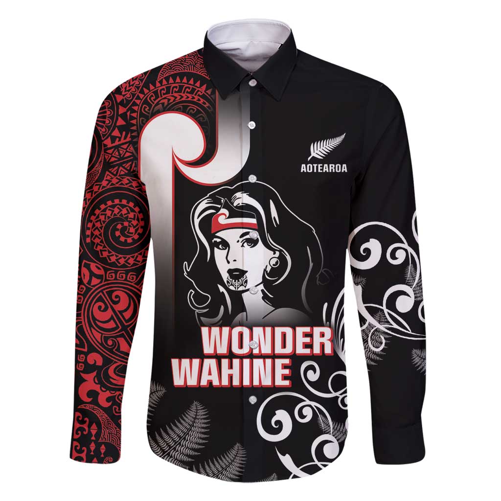 New Zealand Aotearoa Mana Wahine Family Matching Tank Maxi Dress and Hawaiian Shirt LT05 Dad's Shirt - Long Sleeve Black - Polynesian Pride