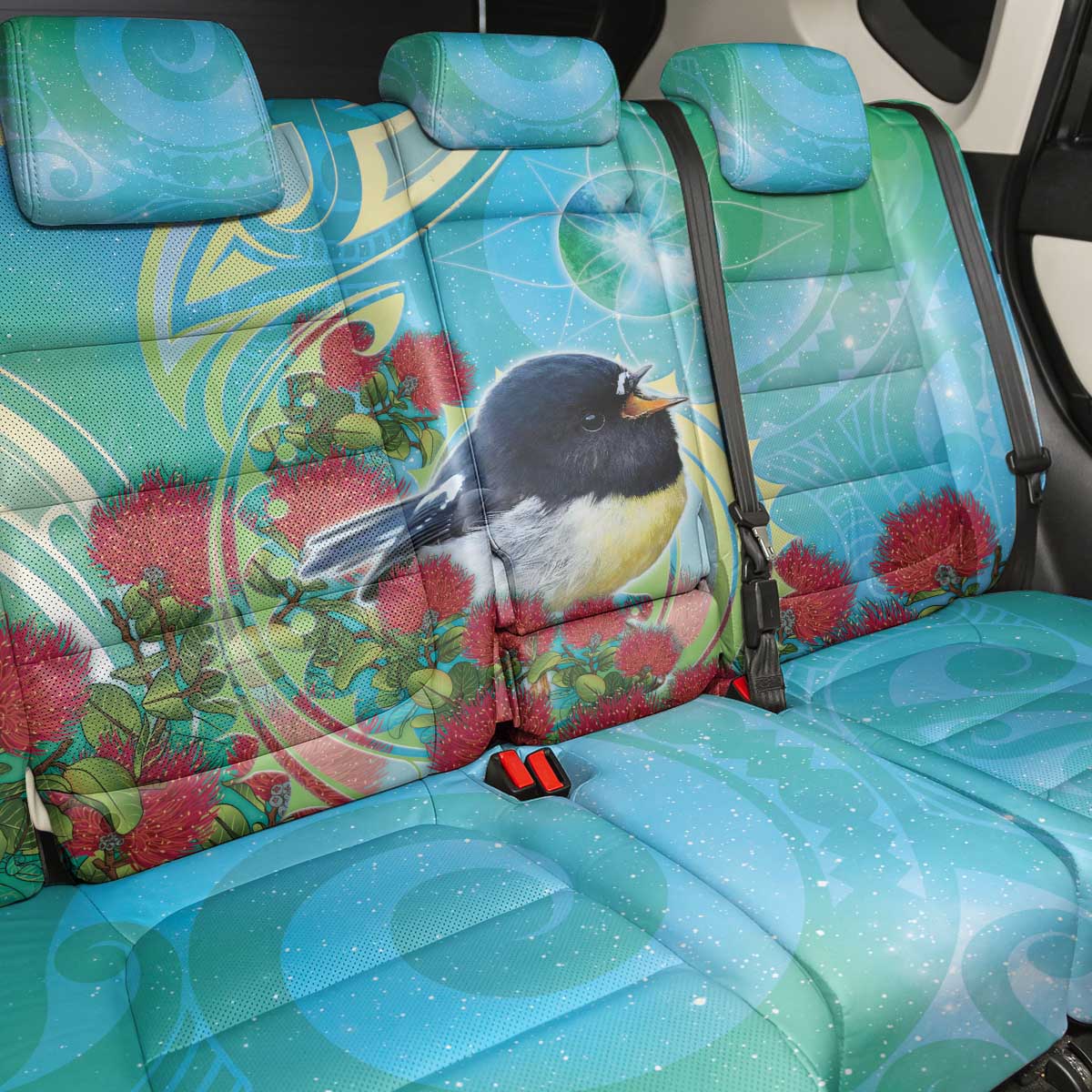 New Zealand Tomtit Back Car Seat Cover Maori Koru With Pohutukawa Galaxy Style - Polynesian Pride