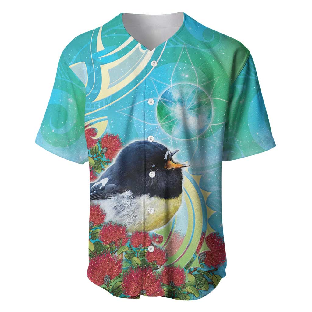 New Zealand Tomtit Baseball Jersey Maori Koru With Pohutukawa Galaxy Style - Polynesian Pride