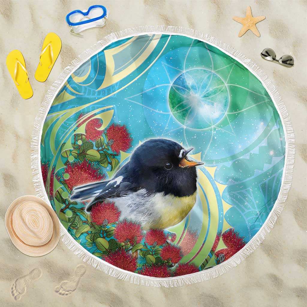 New Zealand Tomtit Beach Blanket Maori Koru With Pohutukawa Galaxy Style - Polynesian Pride
