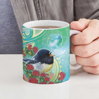 New Zealand Tomtit Ceramic Mug Maori Koru With Pohutukawa Galaxy Style - Polynesian Pride