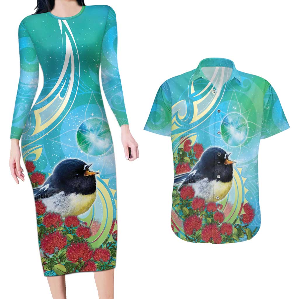 New Zealand Tomtit Couples Matching Long Sleeve Bodycon Dress and Hawaiian Shirt Maori Koru With Pohutukawa Galaxy Style - Polynesian Pride